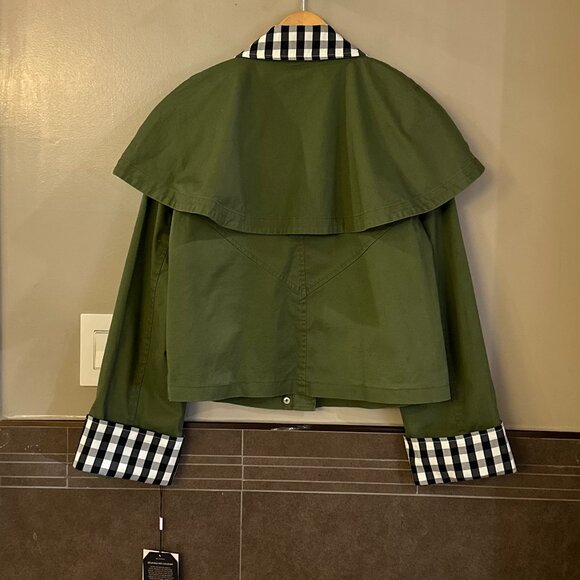 Avec Les Filles Cotton-Blend Gingham Trim Cape Jacket (Olive Green) - Picture 9 of 16